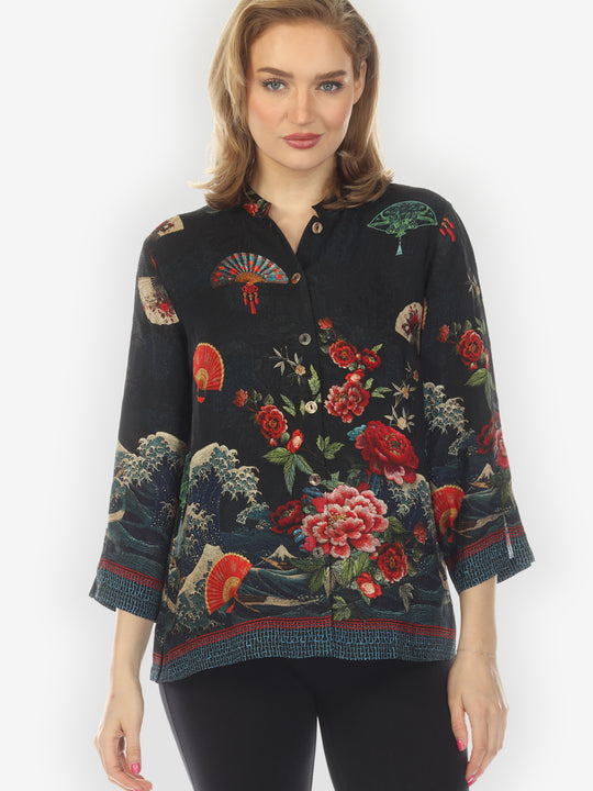 Waves Fans Flowers Black Silk Blouse
