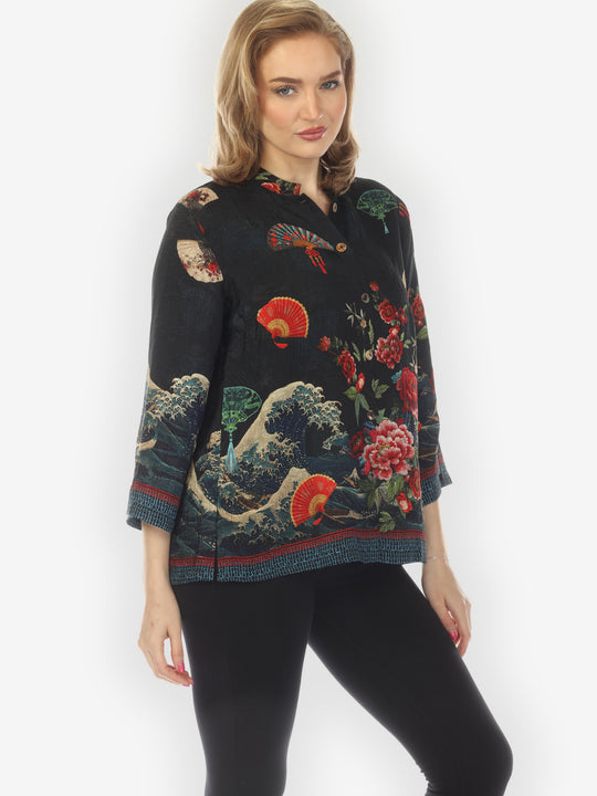 Waves Fans Flowers Black Silk Blouse