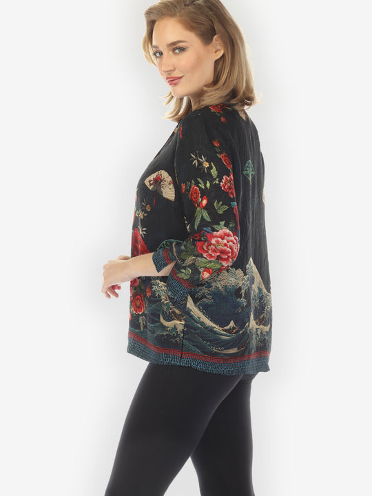 Waves Fans Flowers Black Silk Blouse
