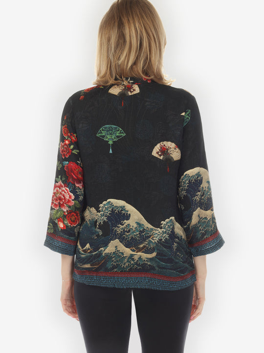 Waves Fans Flowers Black Silk Blouse