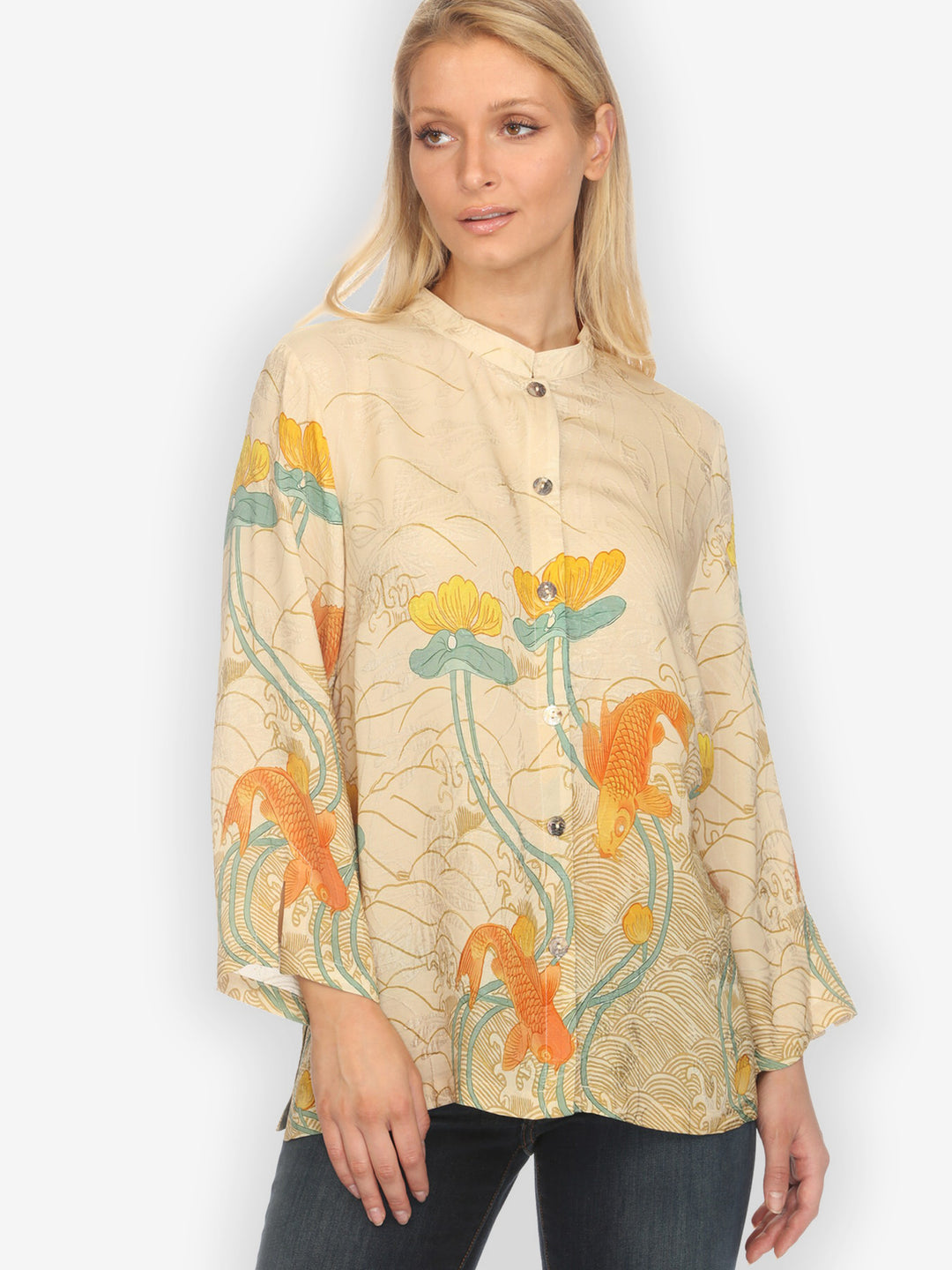 Water Lily Koi Beige Silk Blouse