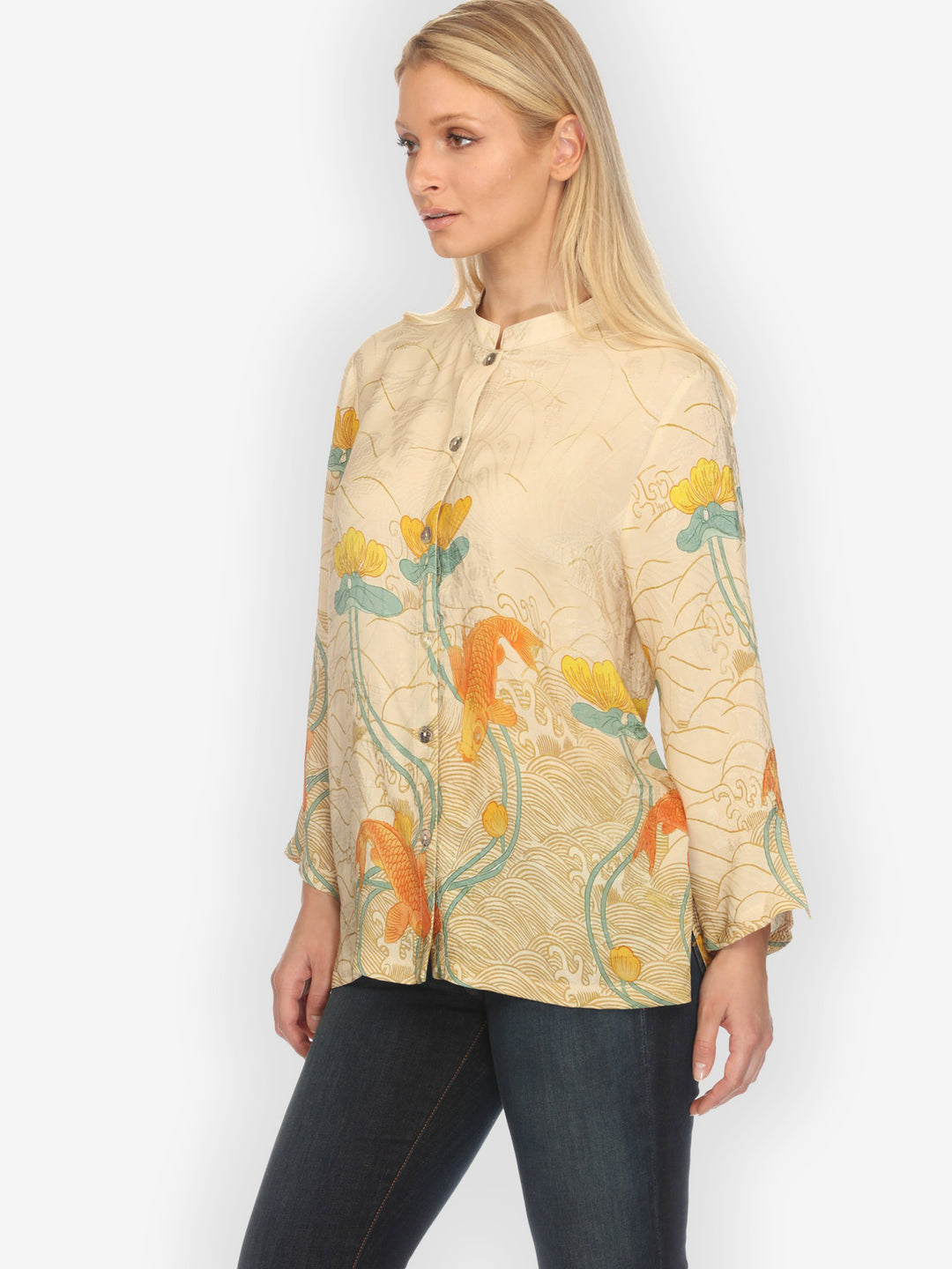 Water Lily Koi Beige Silk Blouse