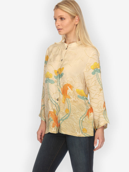 Water Lily Koi Beige Silk Blouse