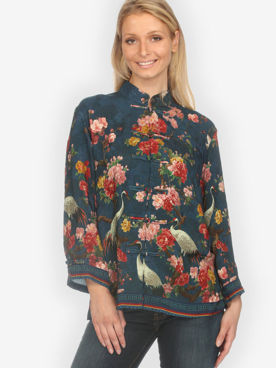 Crane and Cherry Bloom Silk Blouse  - L