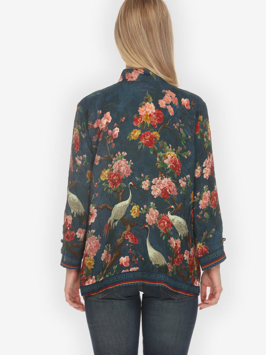 Crane and Cherry Bloom Silk Blouse  - L