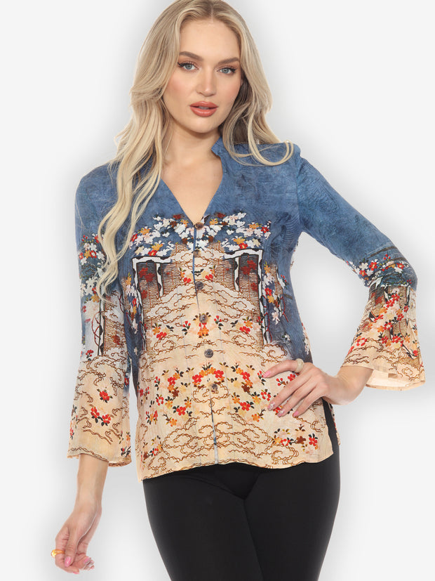 Edo Art Indigo V-neck Silk Top - XS