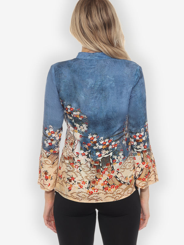 Edo Art Indigo V-neck Silk Top - XS