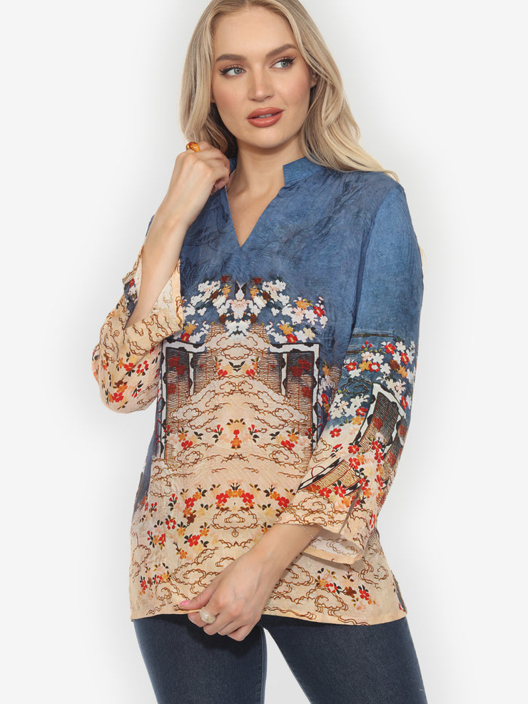 Edo Art Indigo Pullover V-neck Silk Top - S