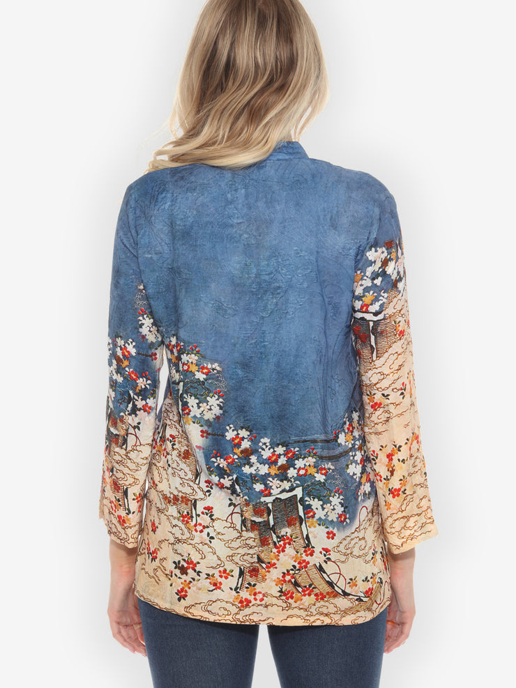 Edo Art Indigo Pullover V-neck Silk Top - S