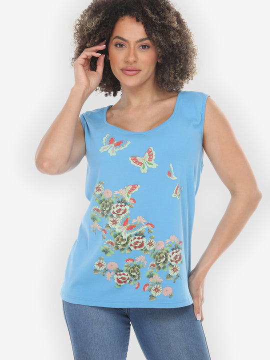 Butterfly Flower Print Light Blue Tank Top - L