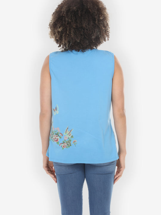 Butterfly Flower Print Light Blue Tank Top - L