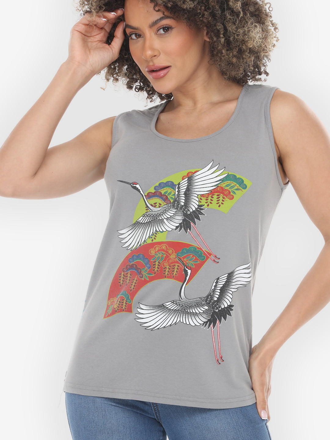 Crane Bonsai Print in Gray Tank Top - XXS; XS