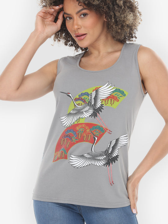 Crane Bonsai Print in Gray Tank Top - XXS; XS