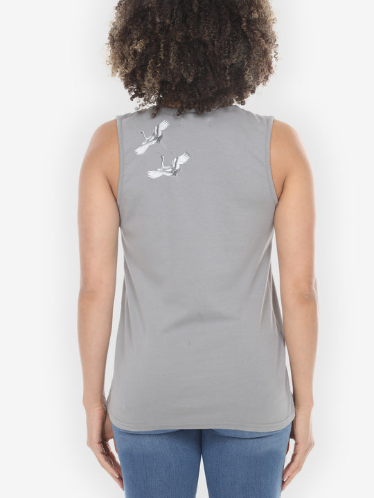 Crane Bonsai Print in Gray Tank Top - XXS; XS