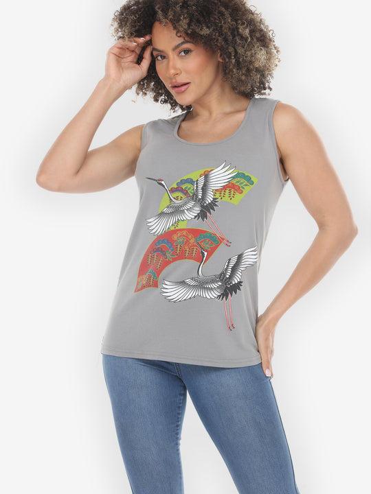 Crane Bonsai Print in Gray Tank Top - XXS; XS