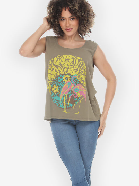 Flamingo Flower Print Khaki Tank Top
