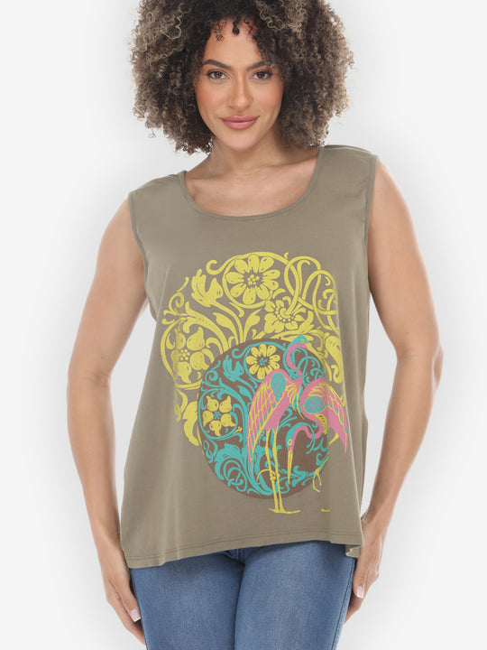 Flamingo Flower Print Khaki Tank Top
