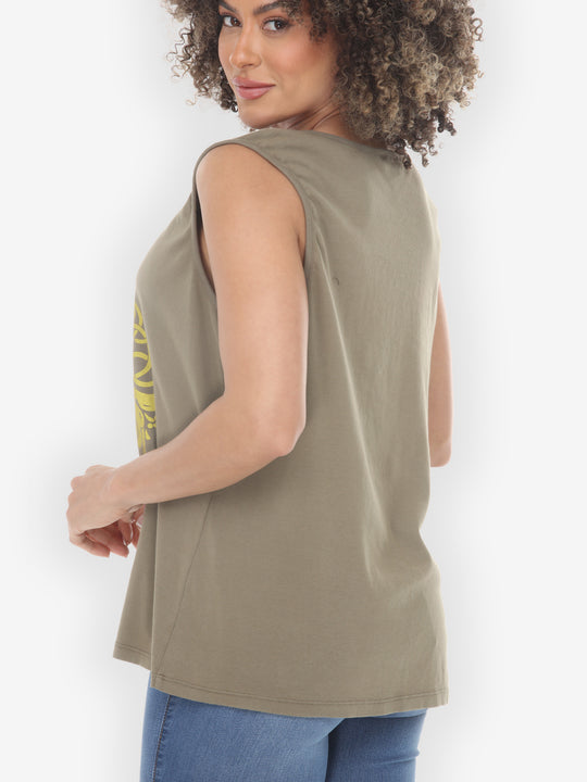 Flamingo Flower Print Khaki Tank Top