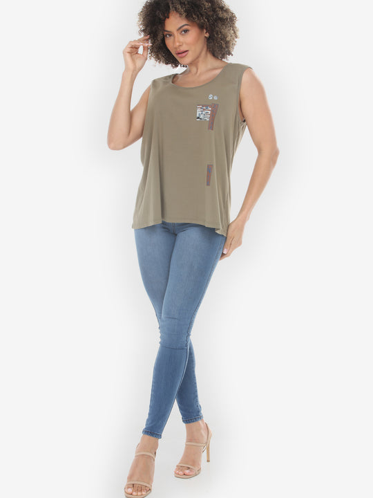Japanese Irises Traditional Print Khaki Cotton Tank Top