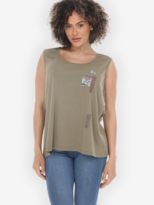 Japanese Irises Traditional Print Khaki Cotton Tank Top