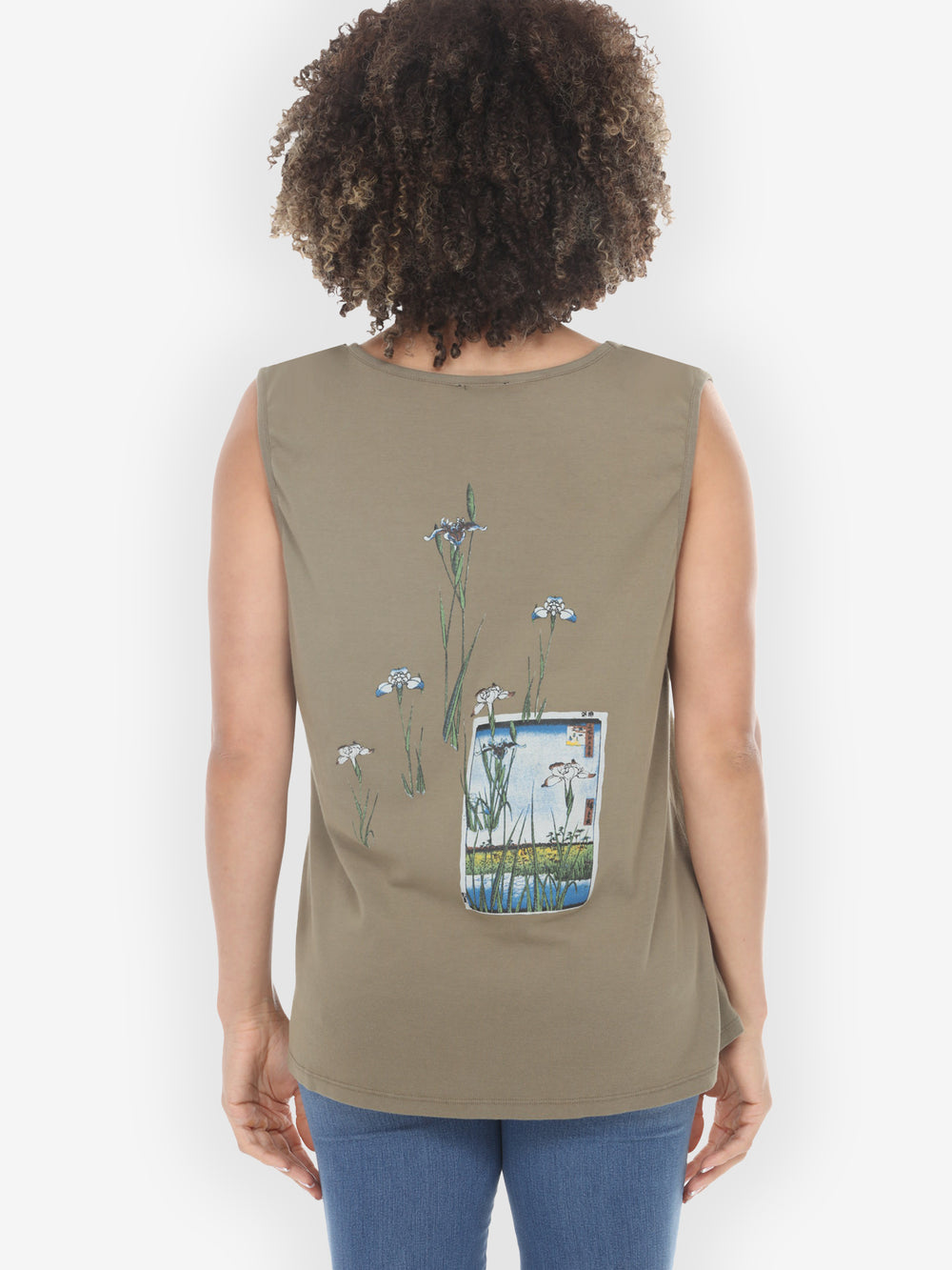 Japanese Irises Traditional Print Khaki Cotton Tank Top