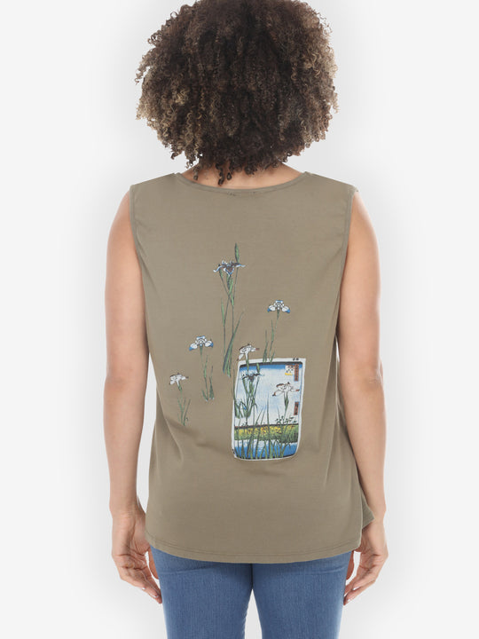 Japanese Irises Traditional Print Khaki Cotton Tank Top