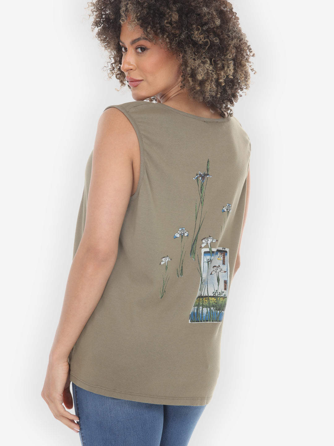 Japanese Irises Traditional Print Khaki Cotton Tank Top