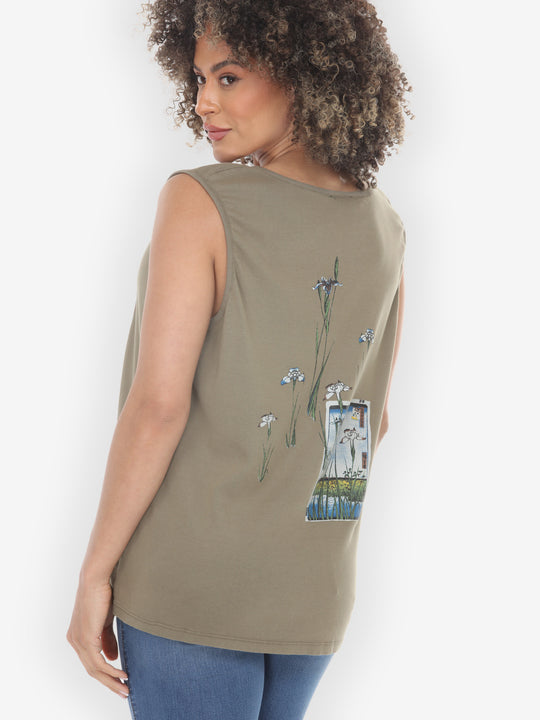 Japanese Irises Traditional Print Khaki Cotton Tank Top