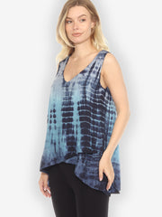 Asymmetric V-neck Blue Tie Dye Tank Top - M