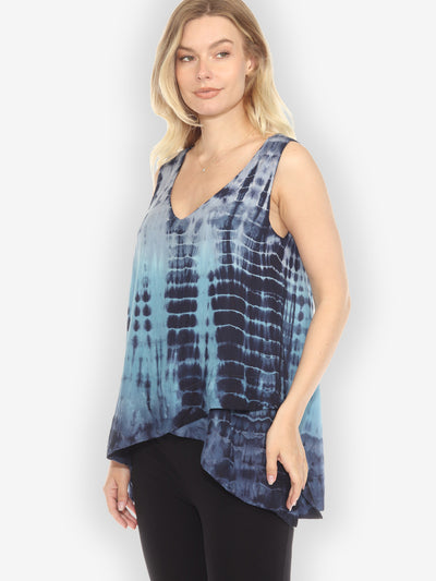 Asymmetric V-neck Blue Tie Dye Tank Top - M