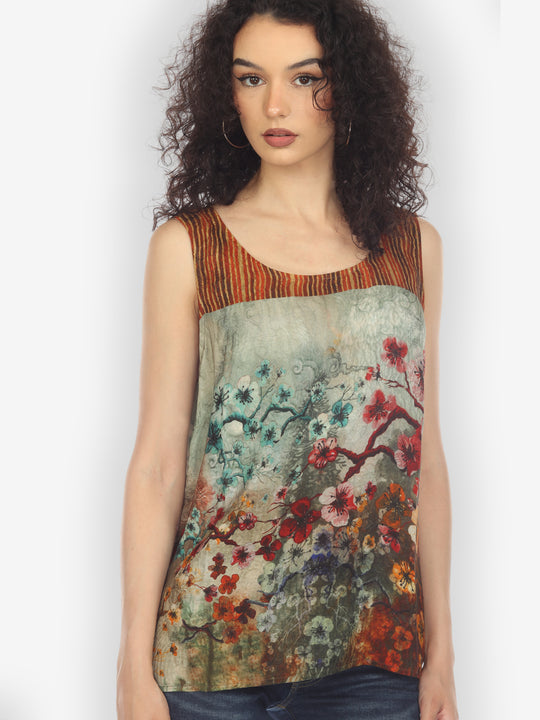 Joy Bloom Border Silk Tank Top