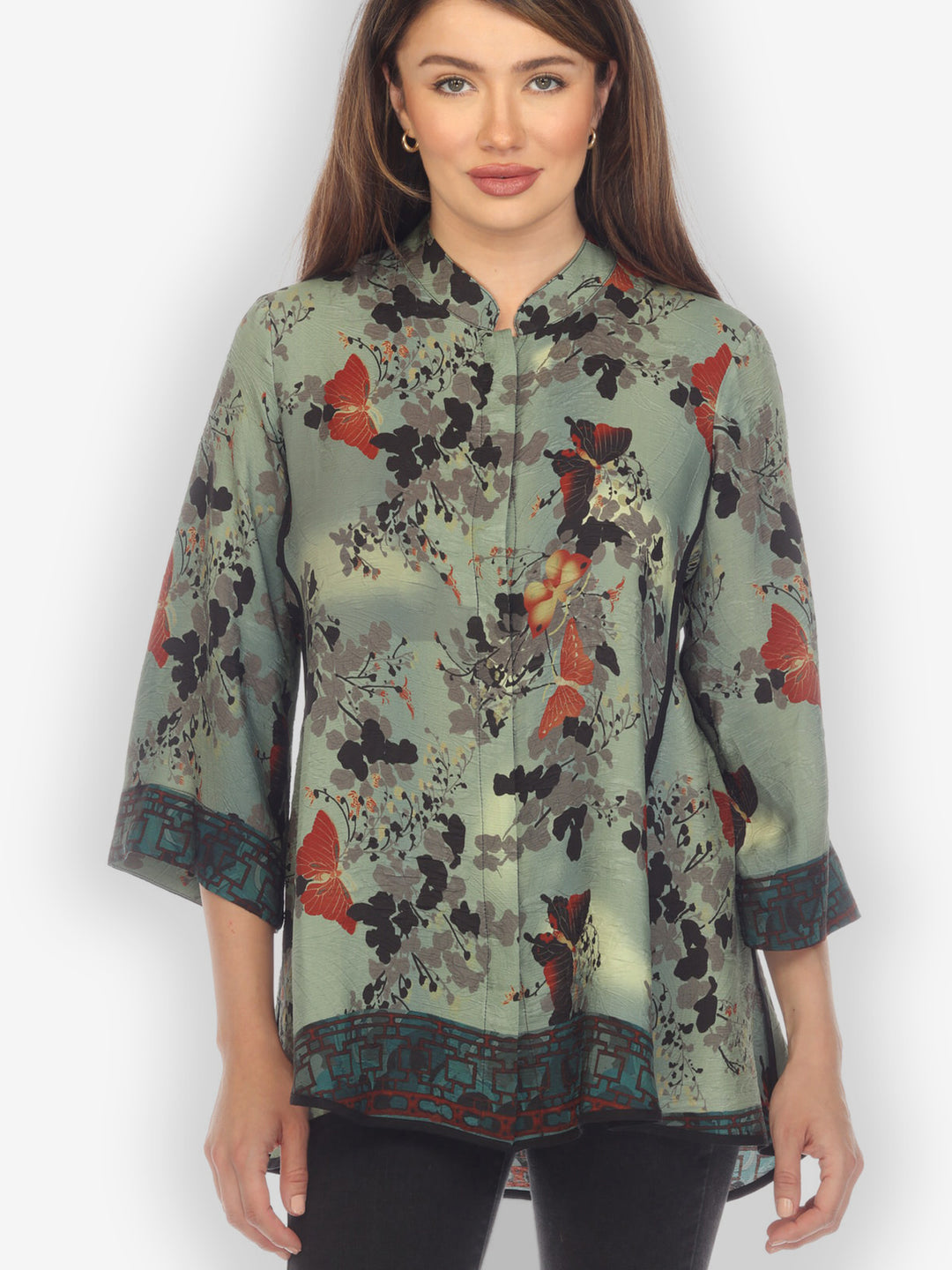 Butterfly Clouds Border Silk Tummy Tuck Blouse