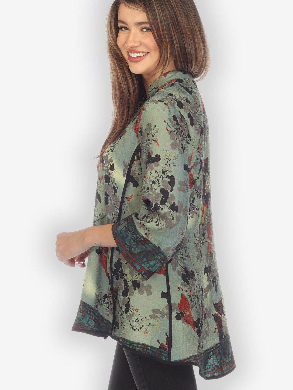 Butterfly Clouds Border Silk Tummy Tuck Blouse