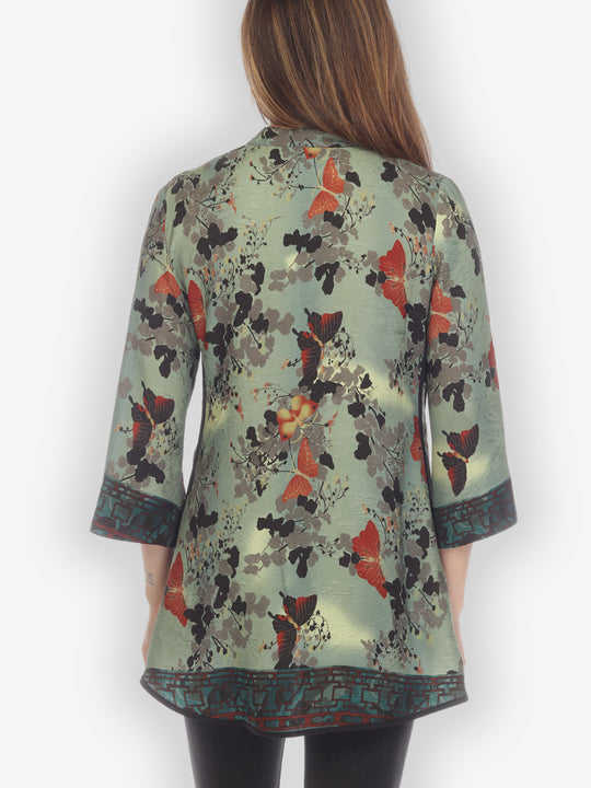 Butterfly Clouds Border Silk Tummy Tuck Blouse