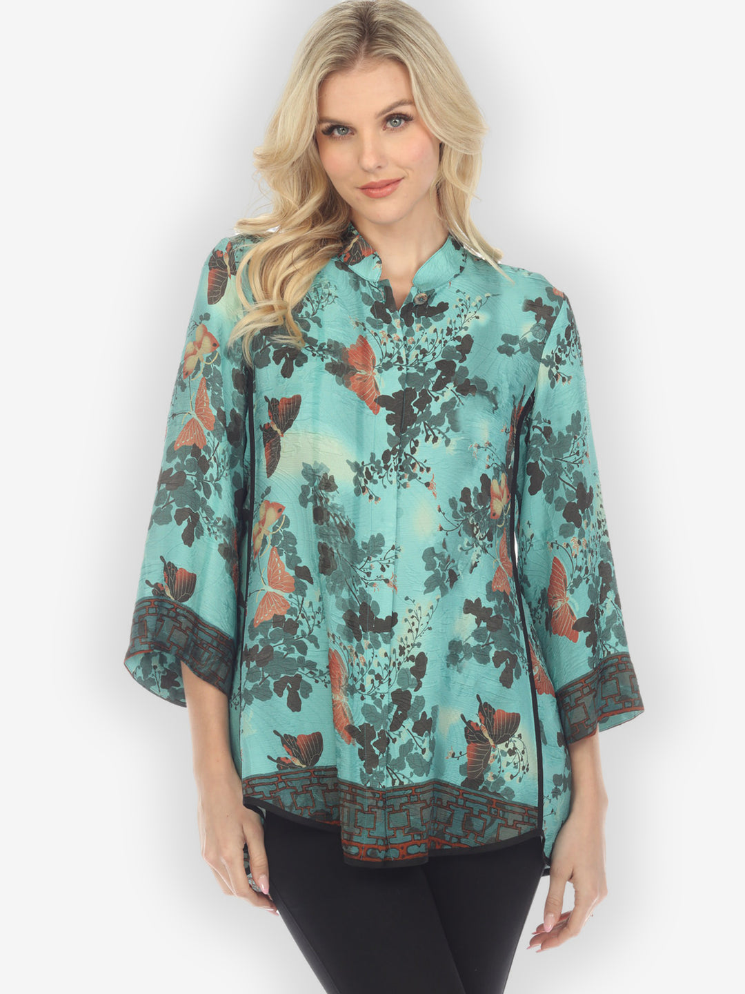 Butterfly Clouds Border in Turquoise Silk Tummy Tuck Shirt
