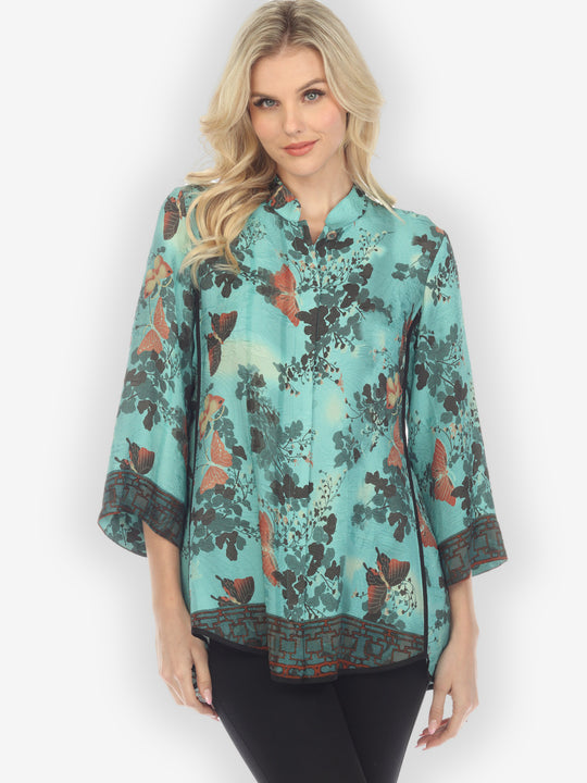 Butterfly Clouds Border in Turquoise Silk Tummy Tuck Shirt