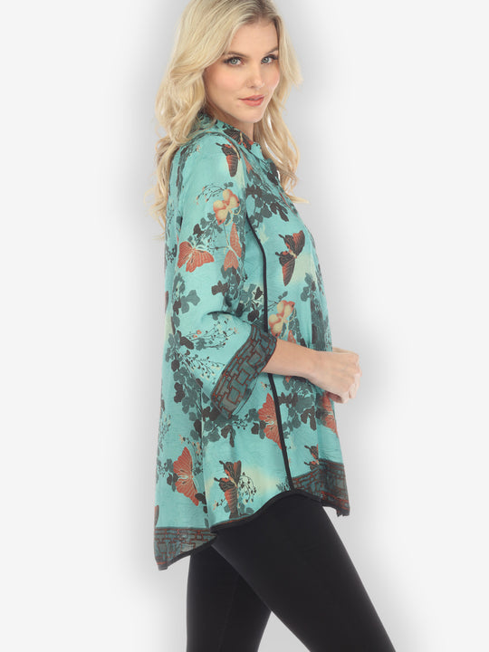 Butterfly Clouds Border in Turquoise Silk Tummy Tuck Shirt