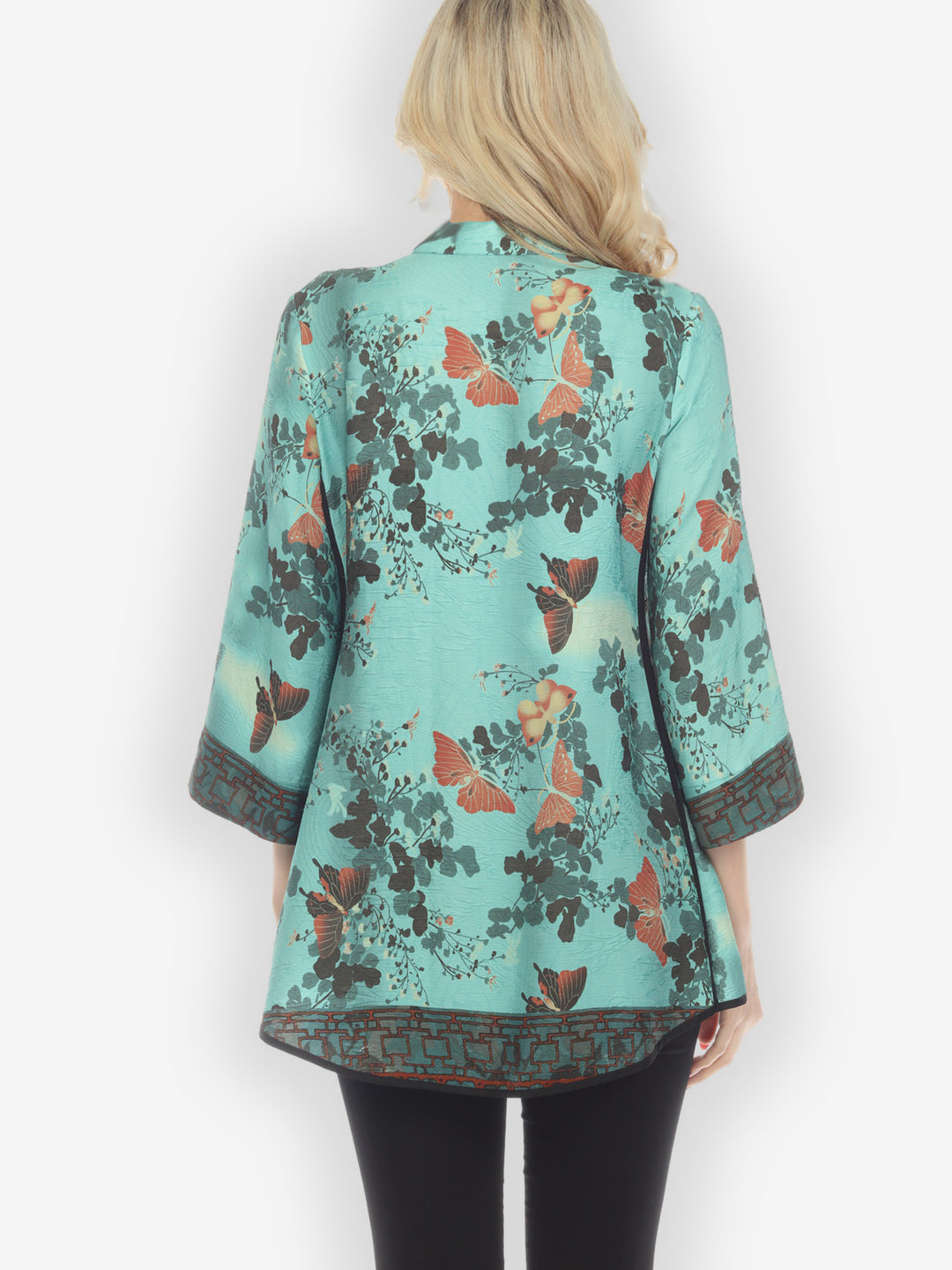 Butterfly Clouds Border in Turquoise Silk Tummy Tuck Shirt