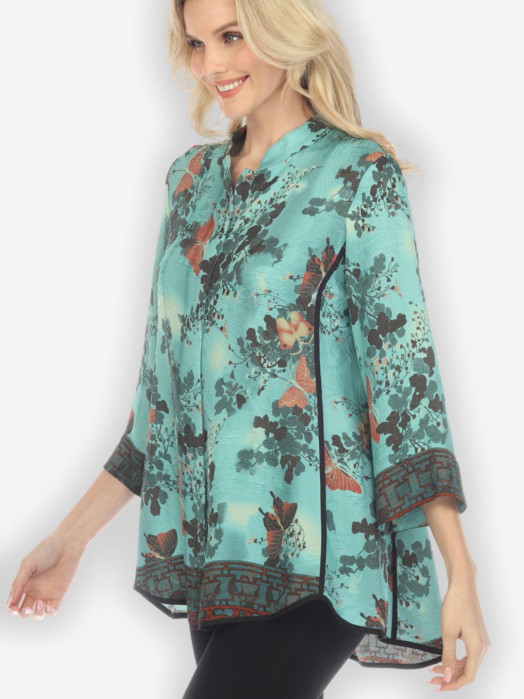 Butterfly Clouds Border in Turquoise Silk Tummy Tuck Shirt