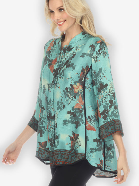 Butterfly Clouds Border in Turquoise Silk Tummy Tuck Shirt