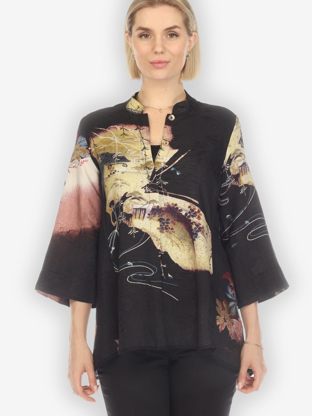 Butterfly Landscape Placement Silk Tummy Tuck Blouse