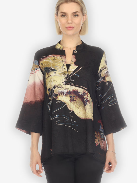 Butterfly Landscape Placement Silk Tummy Tuck Blouse