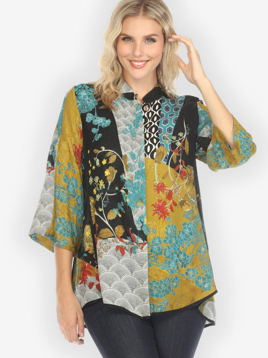 Bohemian Mixed Art in Black Silk Tummy Tuck Shirt