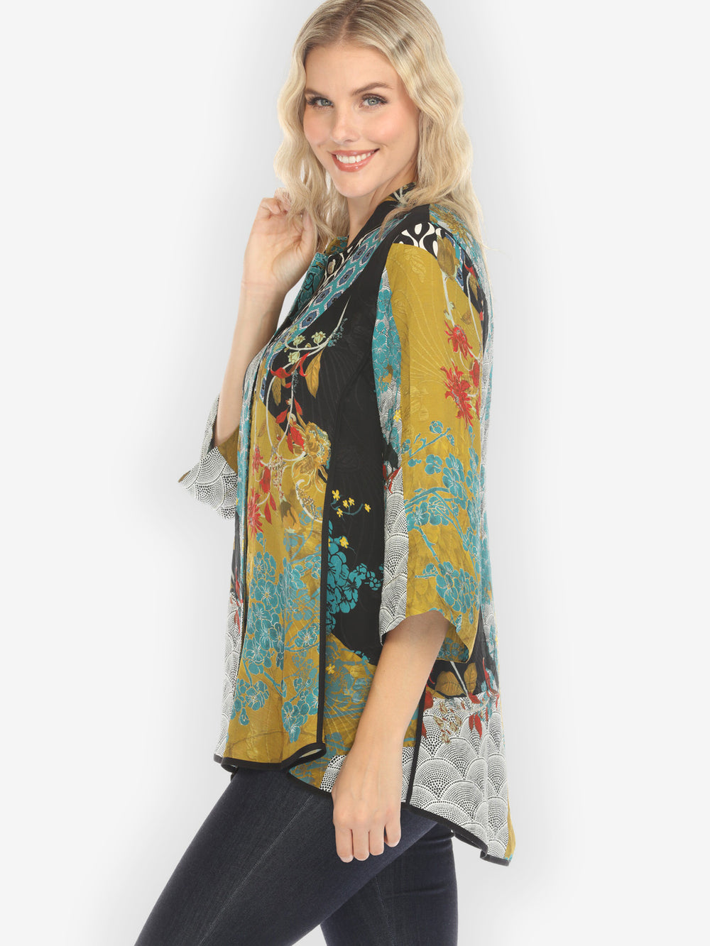 Bohemian Mixed Art in Black Silk Tummy Tuck Shirt