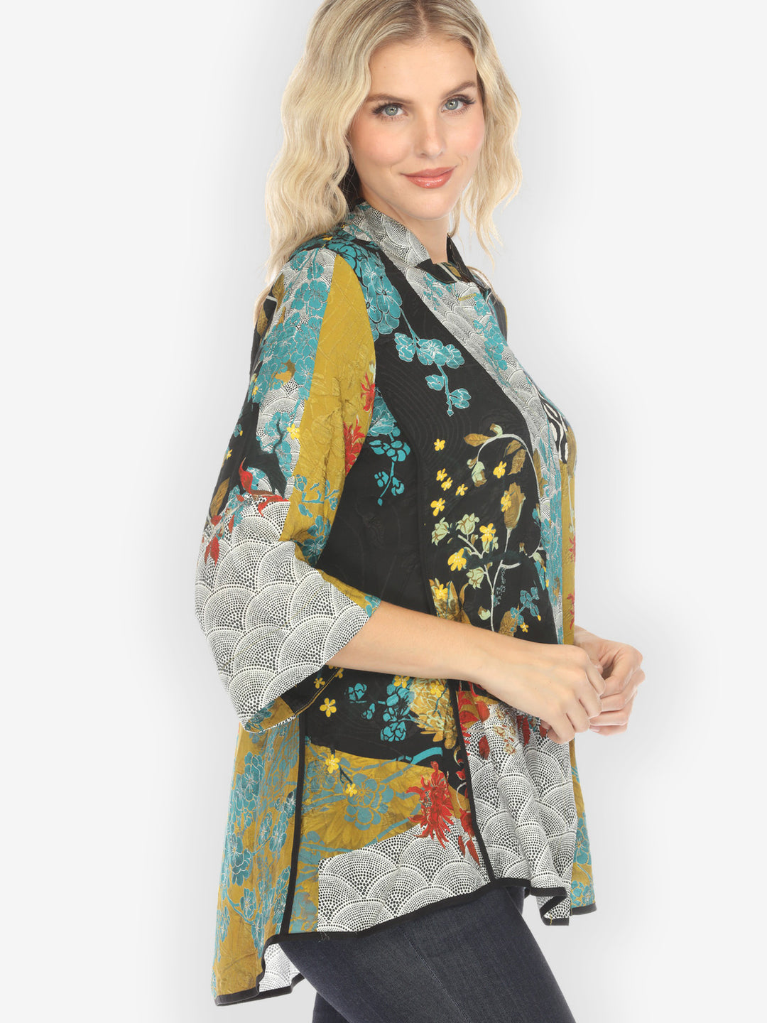 Bohemian Mixed Art in Black Silk Tummy Tuck Shirt