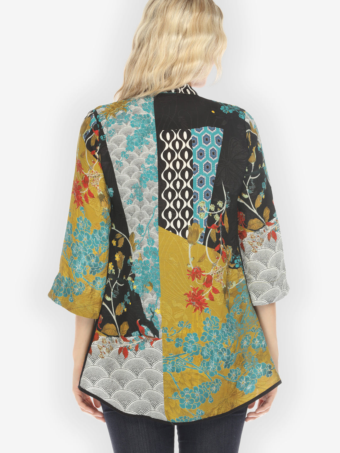 Bohemian Mixed Art in Black Silk Tummy Tuck Shirt