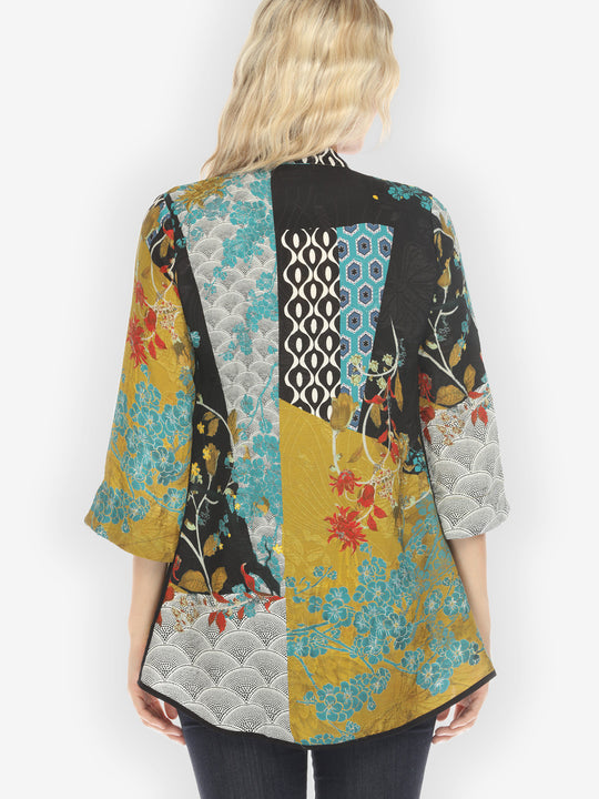 Bohemian Mixed Art in Black Silk Tummy Tuck Shirt