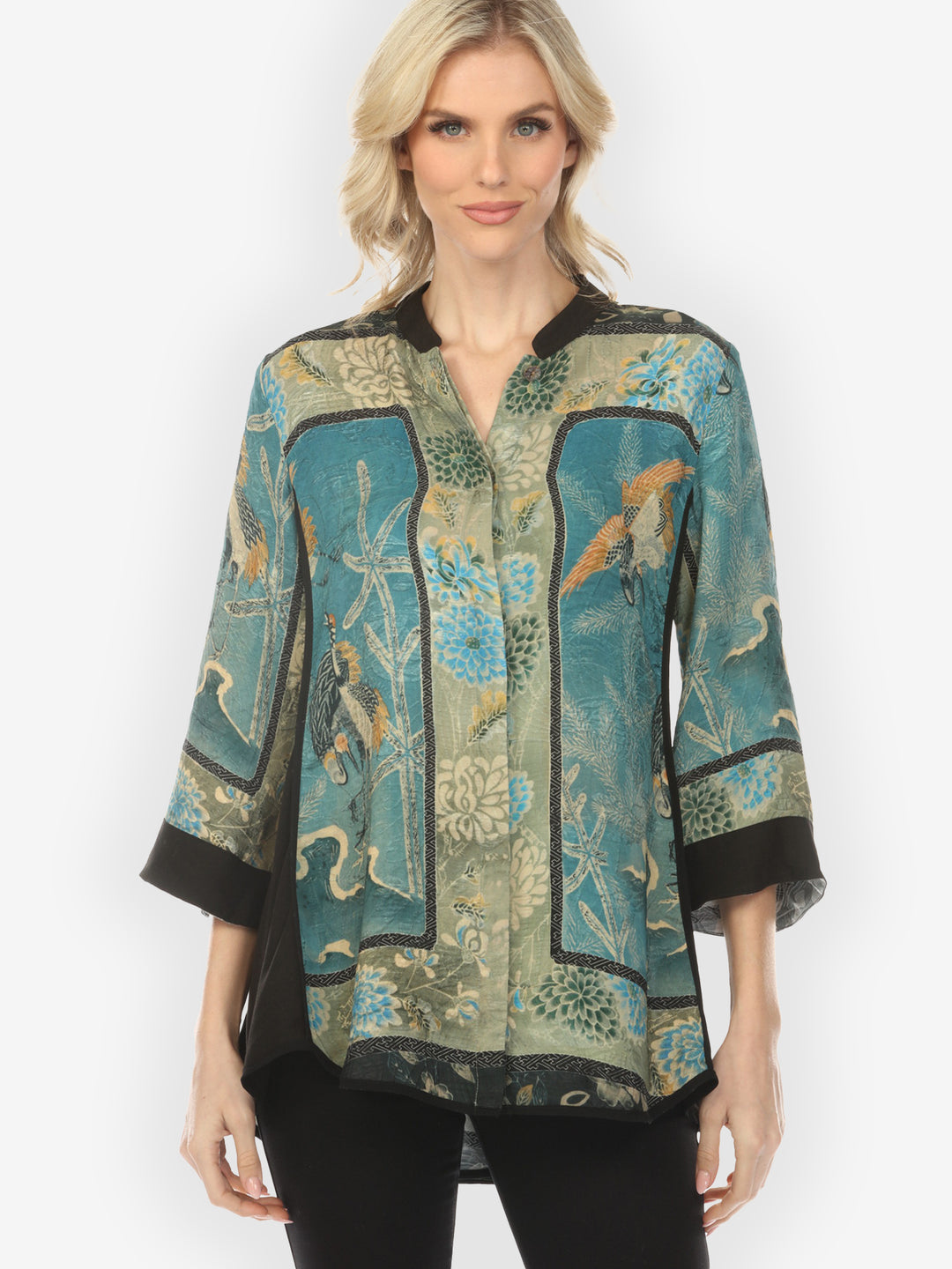 Crane Bamboo Floral Engineered Tummy Tuck Silk Shirt