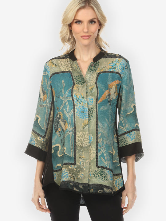 Crane Bamboo Floral Engineered Tummy Tuck Silk Shirt