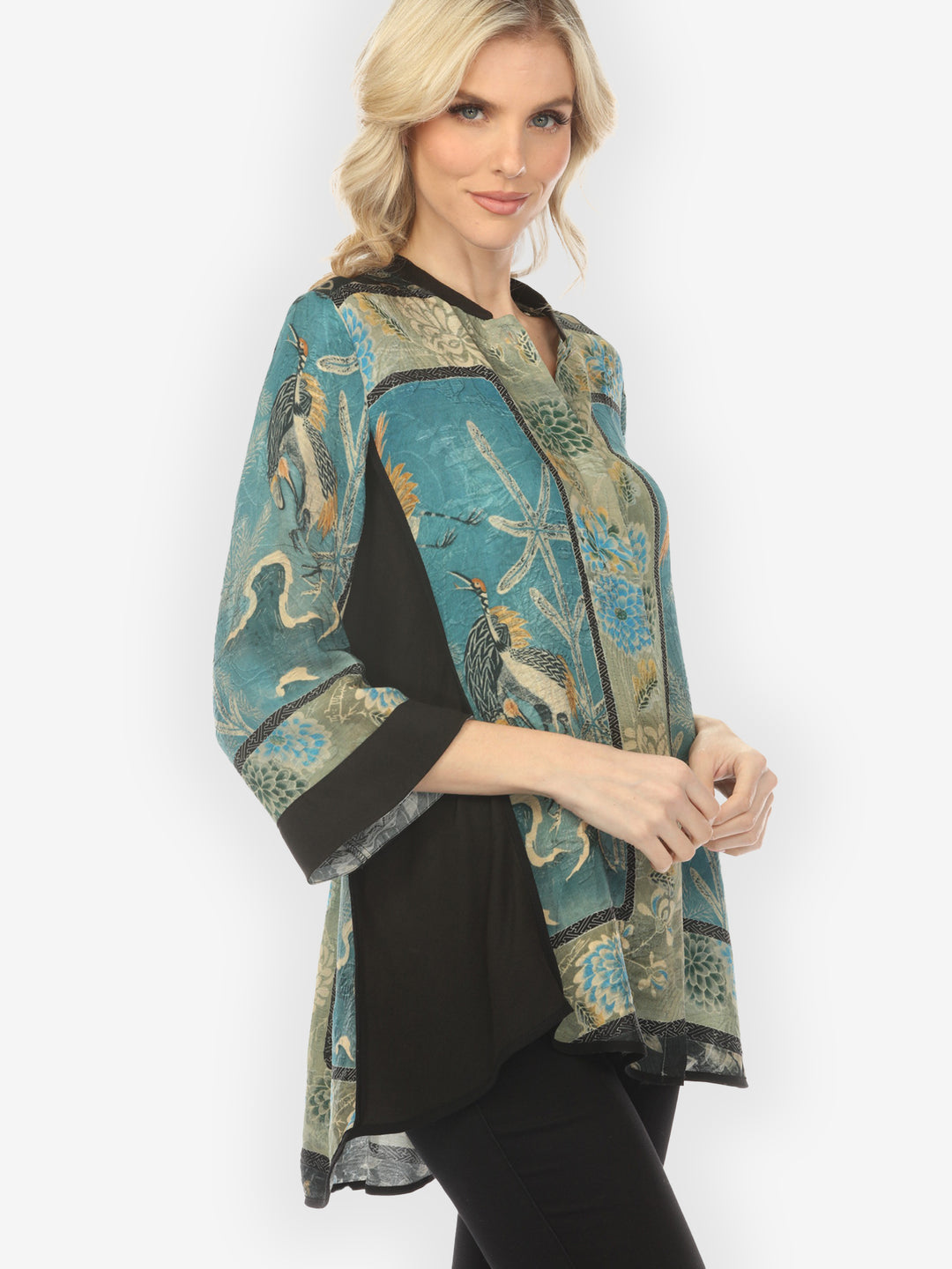 Crane Bamboo Floral Engineered Tummy Tuck Silk Shirt